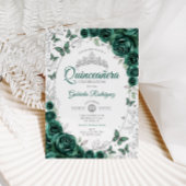 Invitation Emerald Green Silver Floral Quinceanera