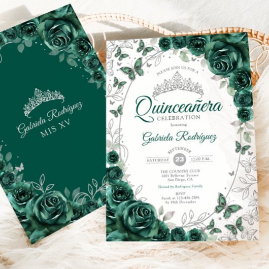 Invitation Emerald Green Silver Floral Quinceanera