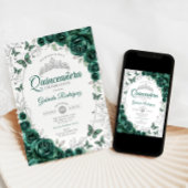 Invitation Emerald Green Silver Floral Quinceanera