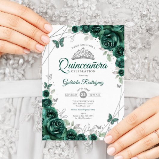 Invitation Emerald Green Silver Floral Quinceanera