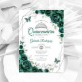 Invitation Emerald Green Silver Floral Quinceanera