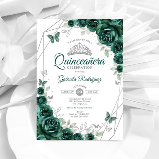 Invitation Emerald Green Silver Floral Quinceanera