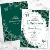 Invitation Emerald Green Silver Floral Quinceanera