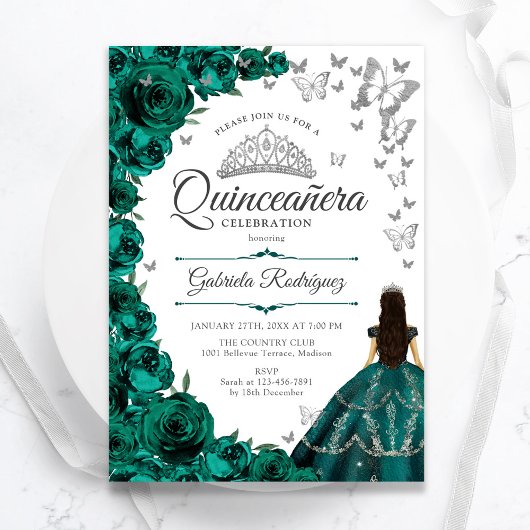 Invitation Emerald Green Silver Floral Quinceanera