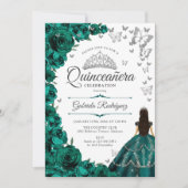 Invitation Emerald Green Silver Floral Quinceanera (Devant)