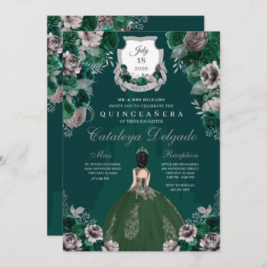 Invitation Emerald Green & Silver Princess Castle Quinceañera (Devant / Derrière)