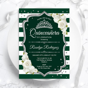 Invitation Emerald Green Silver White Elegant Quinceanera