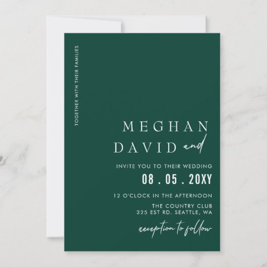 Invitation Emerald Green Simple Élégant Mariage moderne (Devant)
