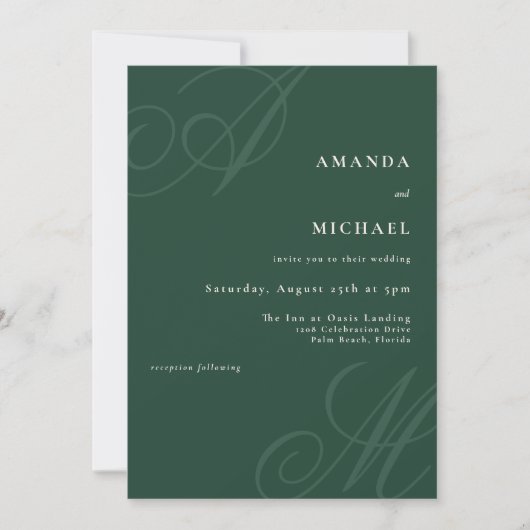 Invitation Emerald Green Simple Élégant Mariage Monogramme (Devant)