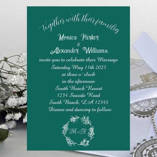 Invitation Emerald Green Simple Moderne Monogramme Moody