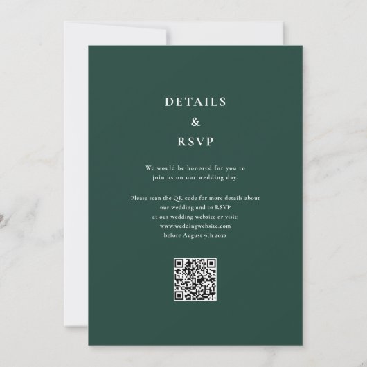 Invitation Emerald Green Simple Monogramme QR Code Mariage (Dos)