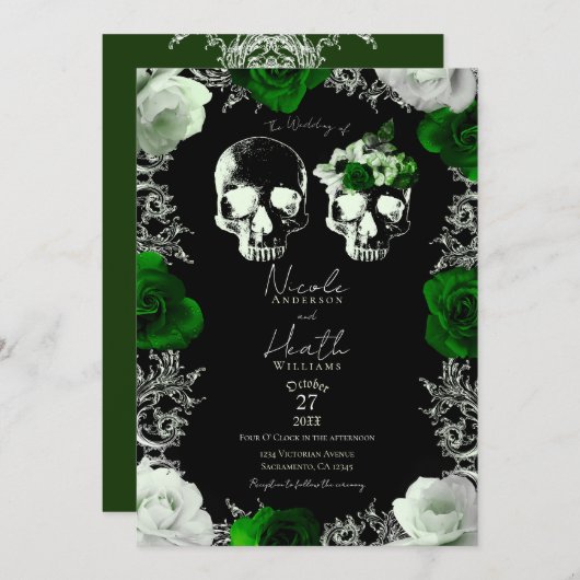 Invitation Emerald Green Skeleton Skull Rose Mariage gothique (Devant / Derrière)