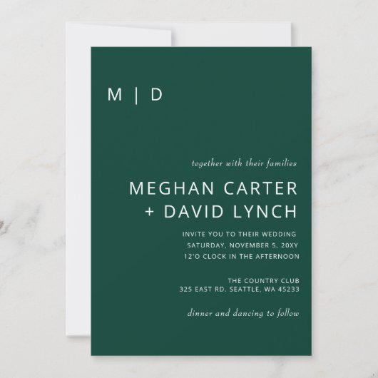 Invitation Emerald Green Style moderne Monogram Mariage (Devant)