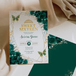 Invitation Emerald Green Sweet 16 papillons Fête géométrique<br><div class="desc">L'invitation parfaite au sweet sixteen de votre fille est enfin là ! Cette invitation chic et charmante présente d'élégantes fleurs vert émeraude d'aquarelle, une tiare de parties scintillant dorée brillante et deux papillons florissants. Cliquez sur le bouton "customiser plus loin" si vous souhaitez réorganiser et formater le style et le...</div>