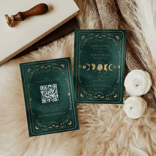 Invitation Emerald Green Tarot Celestial QR Code Mariage