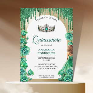 Invitation Emerald Green Tiara Quinceañera Arch Rose Floral