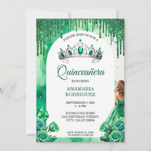 Invitation Emerald Green Tiara Quinceañera Arch Rose Floral