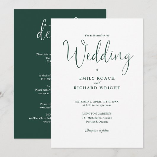 Invitation Emerald Green Tout en un élégant Mariage de script (Devant / Derrière)