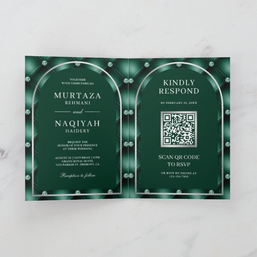 Invitation Emerald Green Tufted QR Code Mariage musulman (Intérieur)