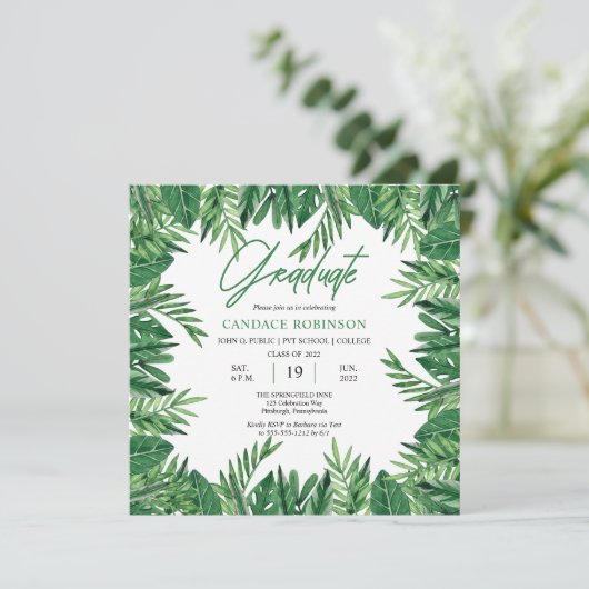 Invitation Emerald Green Watercolor Feuilles Graduation Party (Debout devant)