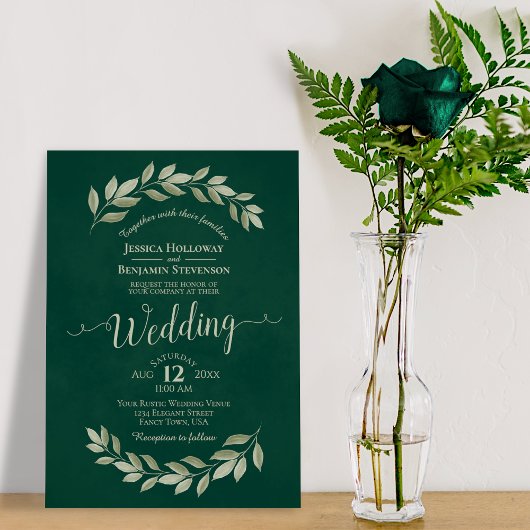 Invitation Emerald Green Watercolor Laurel Mariage Feuille