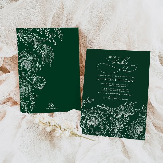 Invitation Emerald Green White Botanical Baby shower floral