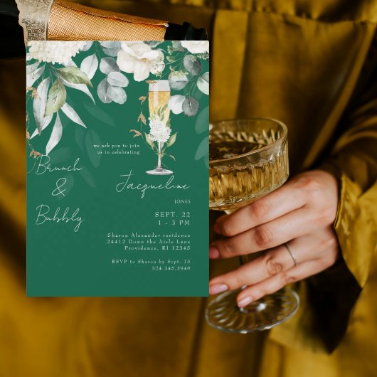 Invitation Emerald Green White Floral Brunch & Bubbly