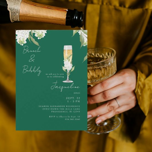 Invitation Emerald Green White Hydrangeas Brunch & Bubbly