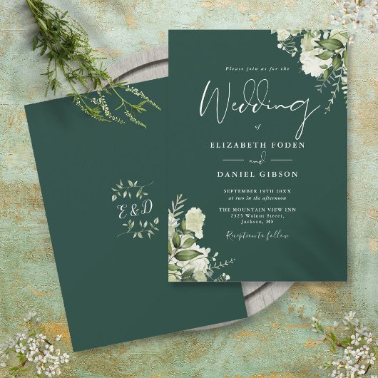 Invitation Emerald Greenery Feuille Monogram Mariage