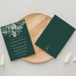 Invitation Emerald Greenery Feuilles vertes Or Monogramme Mar