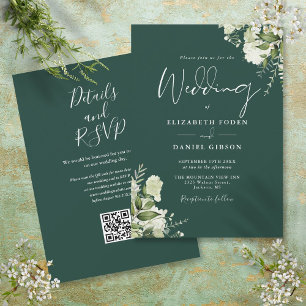 Invitation Emerald Greenery Floral QR Code Mariage