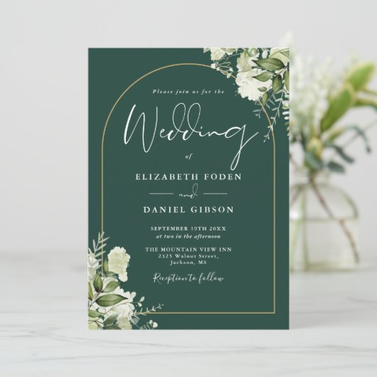 Invitation Emerald Greenery Gold Arch Mariage (Debout devant)