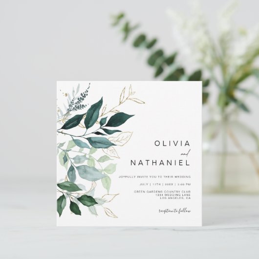 Invitation Emerald Greenery Gold Leaf Foliage Mariage (Debout devant)