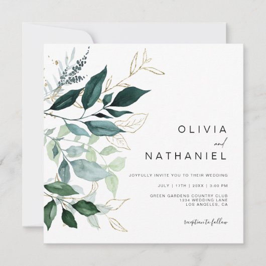 Invitation Emerald Greenery Gold Leaf Foliage Mariage (Devant)
