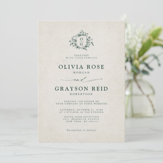 Invitation Emerald Greenery Mariage botanique Vintage (Debout devant)