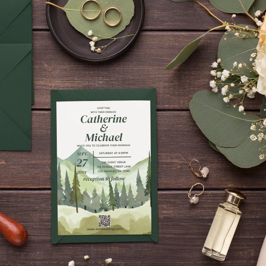 Invitation Emerald Greenery Mountain Rustic QR Code Mariage