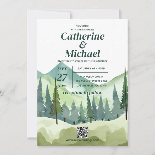 Invitation Emerald Greenery Mountain Rustic QR Code Mariage (Devant)