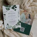 Invitation Emerald Greenery Photo QR Code Retour Mariage<br><div class="desc">Ce faire-part de mariage de dos couleur vert émeraude QR code est parfait pour un mariage boho. Le design élégant et rustique présente des feuilles d'aquarelle vert foncé moody et des eucalyptus aux tons bohèmes modernes. Personnalisez votre invitation avec une photo fiançailles au dos. Inclure un code QR pour que...</div>