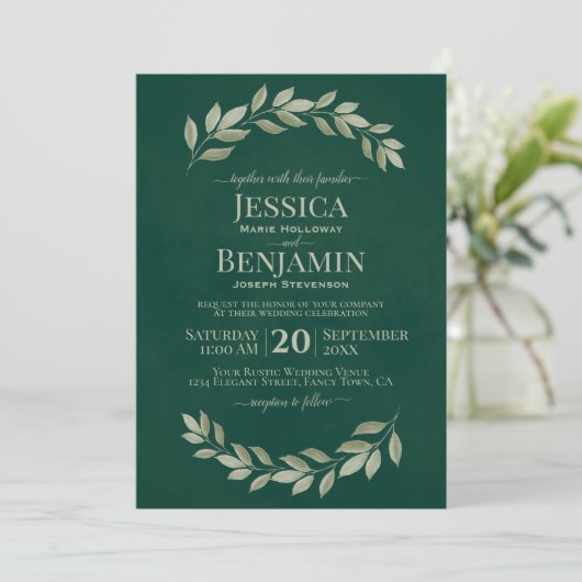 Invitation Emerald Greenery Simple Aquarelle Feuille Mariage (Debout devant)