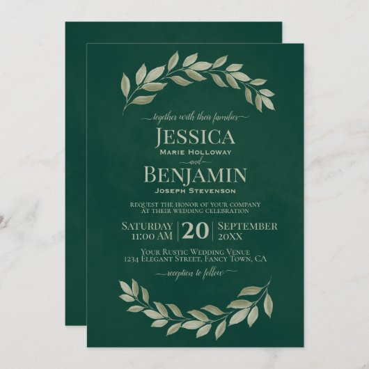 Invitation Emerald Greenery Simple Aquarelle Feuille Mariage (Devant / Derrière)