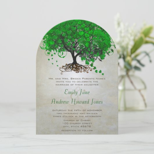 Invitation Emerald Heart Leaf Tree Wedding Invite (Debout devant)