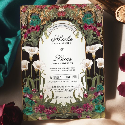 Invitation Emerald Jewel Tone Floral Art Nouveau Mariage