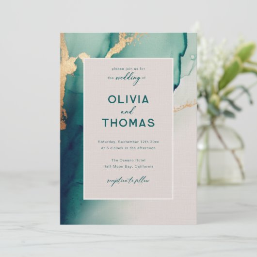 Invitation Emerald Modern Frame Élégant Simple Plage Mariage (Debout devant)