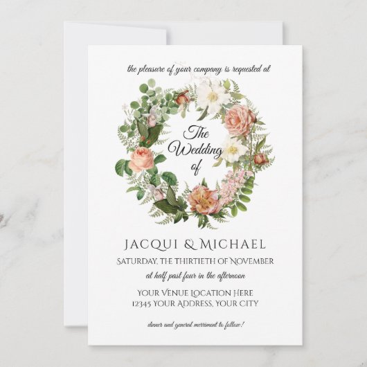 Invitation Emerald n Blush Ivory Roses w Fern Wreath Mariage (Devant)