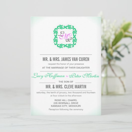 Invitation Emerald n Hot rose monogramme motif mariage (Debout devant)