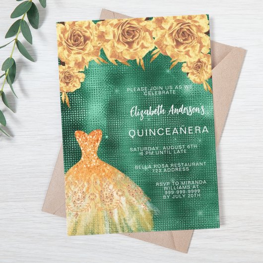 Invitation Emerald or robe florale Quinceanera luxe