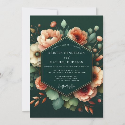 Invitation Emerald Peach Artistic Bloom Wedding (Devant)