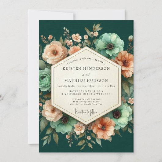 Invitation Emerald Peach Luminous Bloom Wedding (Devant)