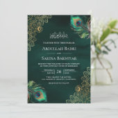 Invitation Emerald Peacock Feathers QR Code Mariage musulman (Debout devant)