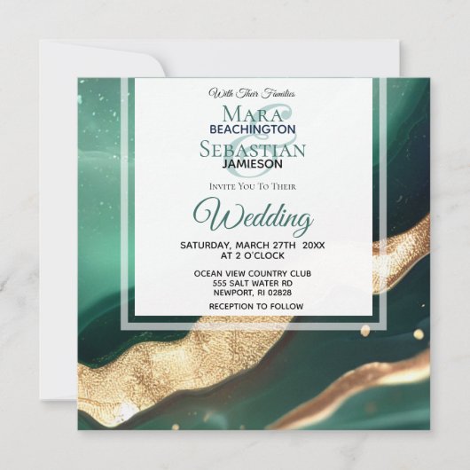Invitation *~* EMERALD QR GREEN GOLD Agate RSVP AR66 Mariage (Devant)